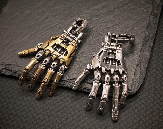 Steampunk Mechanical Hand Pendant: White Bronze & Brass, Gold/Silver Finish