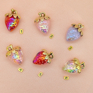 Pastel Strawberry Acrylic Charm for DIY Accessories Transparent Crystal Pendant with Golden Leaf Top