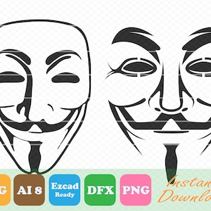 Anonyme Guy Fawkes Maske Silhouette, SVG, DXF, PNG, AI8 (Ezcad Import Bereit), Instant Download