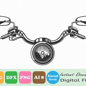 May include: Black and white motorcycle handlebars with mirrors, headlight, and controls. The design is a vector graphic, suitable for digital files. The image includes the text "Instant Download Digital Files" and file type icons.