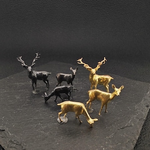 Mini Brass Deer Figurine Set – Stag, Doe, Fawn | Tiny Animal Sculpture | Collectible Desk Ornament