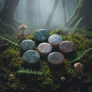 Puede incluir: Colección de siete piedras lisas y redondas en tonos verdes, marrones y beige, dispuestas sobre un lecho de musgo verde. Las piedras están mojadas, con gotas de agua visibles. El fondo presenta un entorno forestal con helechos y setas.