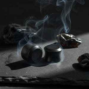 May include: Two black ear plugs with a flared design sit on a dark surface, surrounded by wisps of smoke. The plugs have a smooth, rounded shape with a slightly textured surface. The background features dark, irregularly shaped stones.