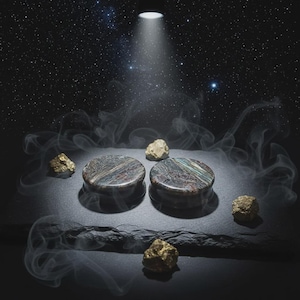 May include: Two round, dark-colored stone plugs with a marbled appearance, displayed on a dark surface with several small, golden-colored rocks. The background features a starry night sky and a spotlight.
