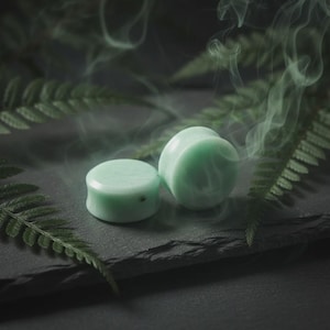 May include: Two light green ear plugs with a rounded shape are displayed on a dark gray surface, surrounded by fern leaves and wisps of smoke. The plugs have a smooth, polished appearance, suggesting they are made of stone or a similar material.