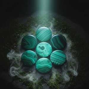 Peut inclure: Sept pierres rondes de malachite polies, disposées en cercle. Les pierres présentent une couleur verte vibrante avec des motifs tourbillonnants uniques. L'ensemble est posé sur un fond sombre et mousseux, avec des volutes de fumée.