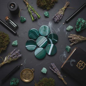 Peut inclure: Vue aérienne d'une composition mystique sur une surface sombre. Elle comprend des pierres vertes et blanches rayées, des bouquets de lavande, des cristaux verts, un pendentif pentacle, un livre noir avec un symbole doré et des bougies noires. De la fumée flotte autour des objets.