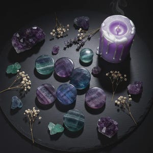 Peut inclure: Une composition de bouchons d'oreille en fluorite, de cristaux et une bougie violette avec des coulures argentées, disposés sur une surface noire. Les bouchons sont ronds et présentent des couleurs violettes et vertes. Des fleurs séchées et des brins de lavande sont également présents.