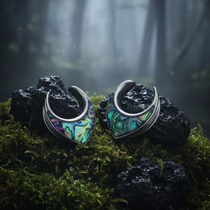 Könnte beinhalten: Ein Paar halbmondförmige Ohr-Plugs mit Einlagen aus schillerndem Abalone-Muschelmaterial in leuchtenden Grün-, Blau- und Violetttönen, eingefasst in einen glatten, polierten Metallrahmen, konzipiert als Schmuck für die Körpermodifikation.