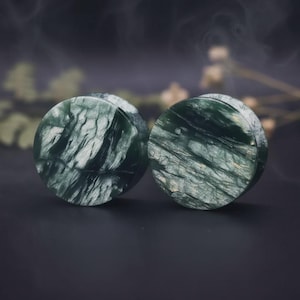Könnte beinhalten: Zwei runde, grüne Stein-Ohrstecker mit marmoriertem Aussehen. Die Ohrstecker haben eine dunkelgrüne Grundfarbe mit weißen und hellgrünen Adern. Die Ohrstecker sind glatt und poliert und scheinen aus Naturstein zu bestehen.