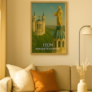 Lyon Poster – Basilika Fourvière | Reiseposter-Stil, Vintage-Stadtpanorama-Wanddekoration – verschiedene Größen