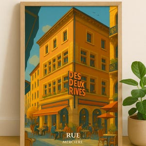 Vintage poster Lyon Rue Mercière – Decorative retro poster, colorful wall illustration, interior decoration inspired by Lyon gastronomy