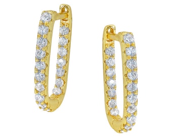 Sterling Silver Gold Plated Rectangle CZ Huggie Earrings