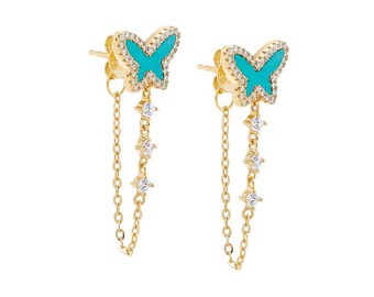 Sterling Silver Gold Plated Butterfly Drop Turquoise CZ Earrings