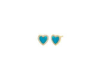 Sterling Silver Gold Plated Turquoise CZ Heart Stud Earrings