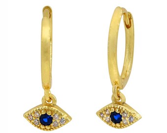 Sterling Silver Gold Plated CZ Evil Eye Huggie Earrings