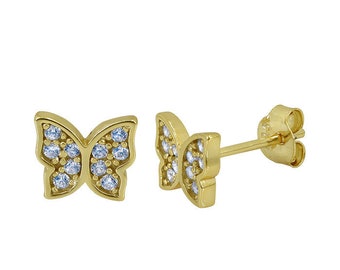 Sterling Silver Gold Plated CZ Butterfly Studs