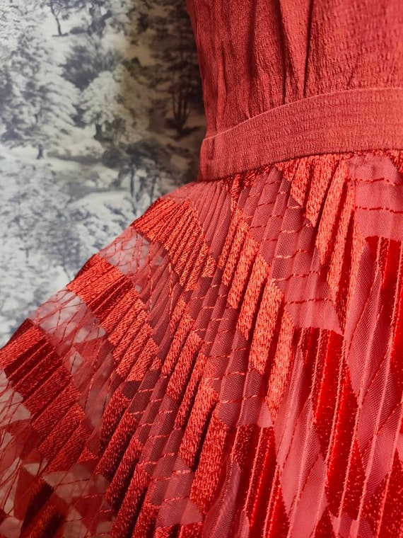 Vintage pleated midi dress, rust coloured organza