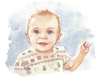 May include: Watercolor painting of a baby wearing a cream-colored sweater with a red and white geometric pattern. The baby has blonde hair and blue eyes and is looking directly at the viewer.
