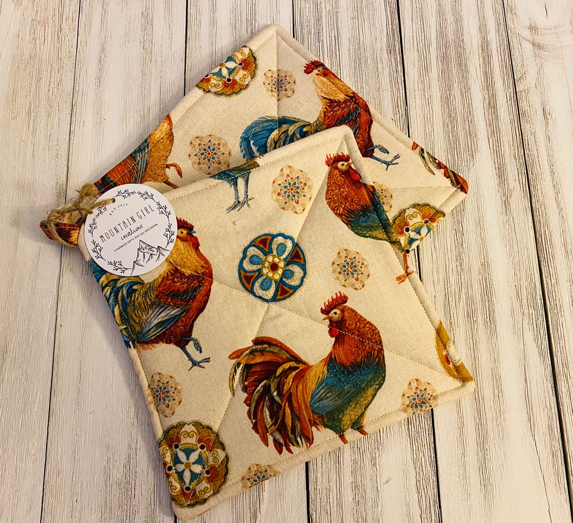Set of 2 Handmade Potholders Chickens Farmhouse Roosters Etsy