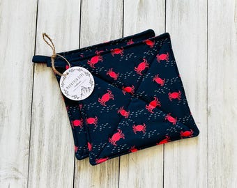 Set of 2 Handmade Potholders, Beach, Crab Potholders, Summer,Beach Potholders,Ocean Themed, Blue Potholders,