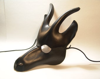 Black Goat Leather Mask. For Mardi Gras, Masquade, Burning Man, and Halloween costumes. Be Baphomet or a pan.