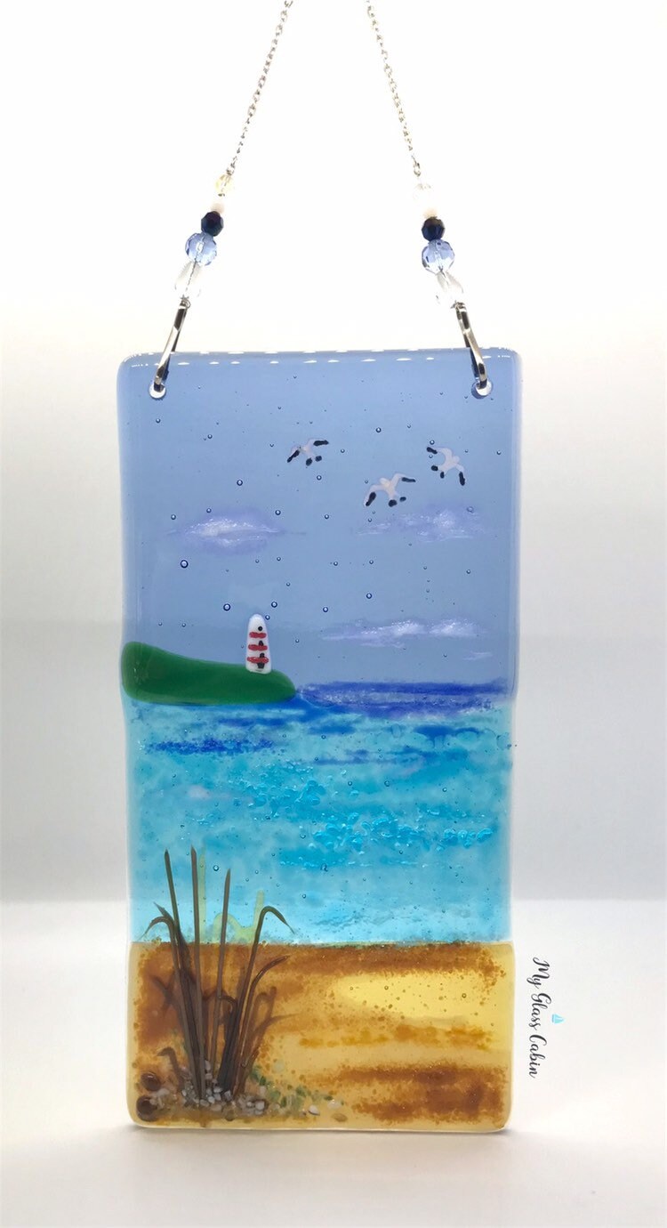 This is a Hand Made Fused Glass hanging Beach Scene with a Red Etsy