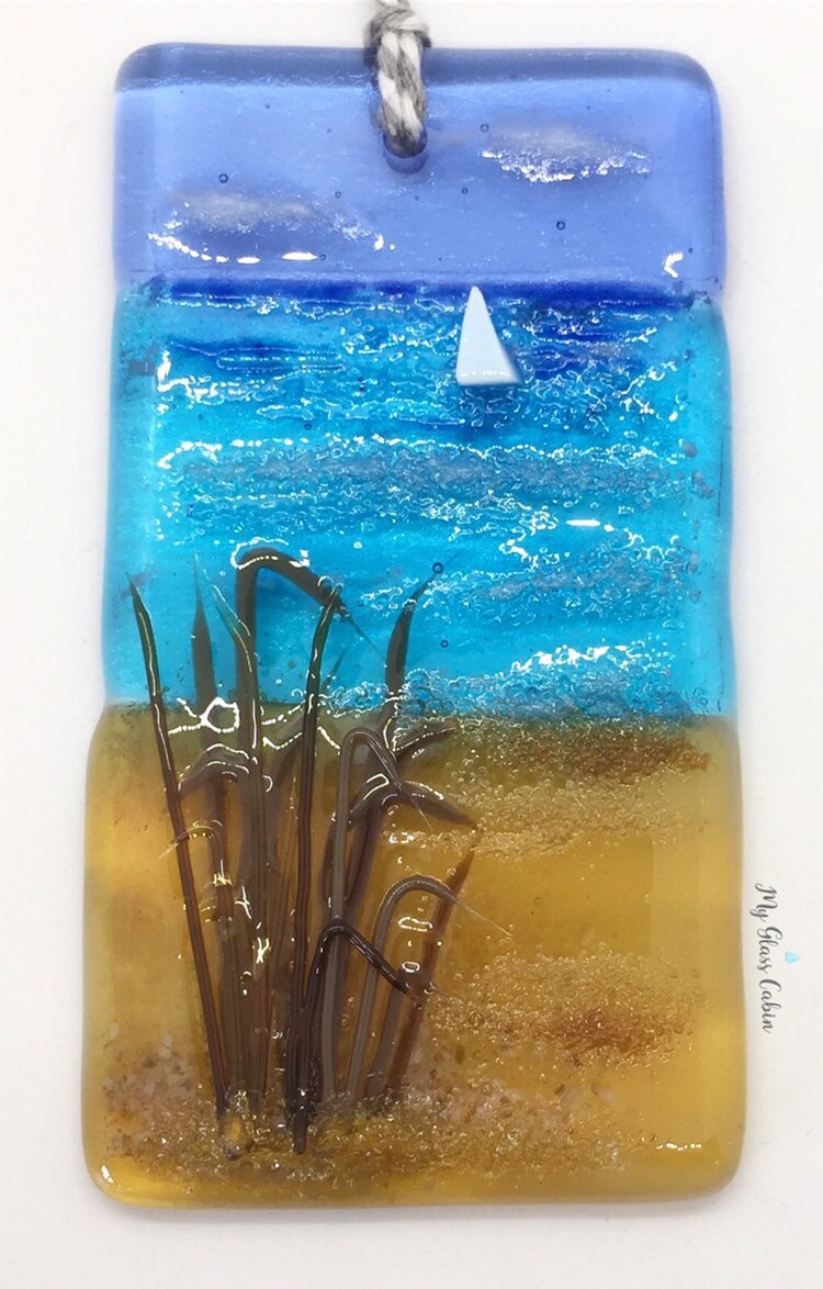 This is a small Hand Made Fused Glass hanging beach Scene with Etsy