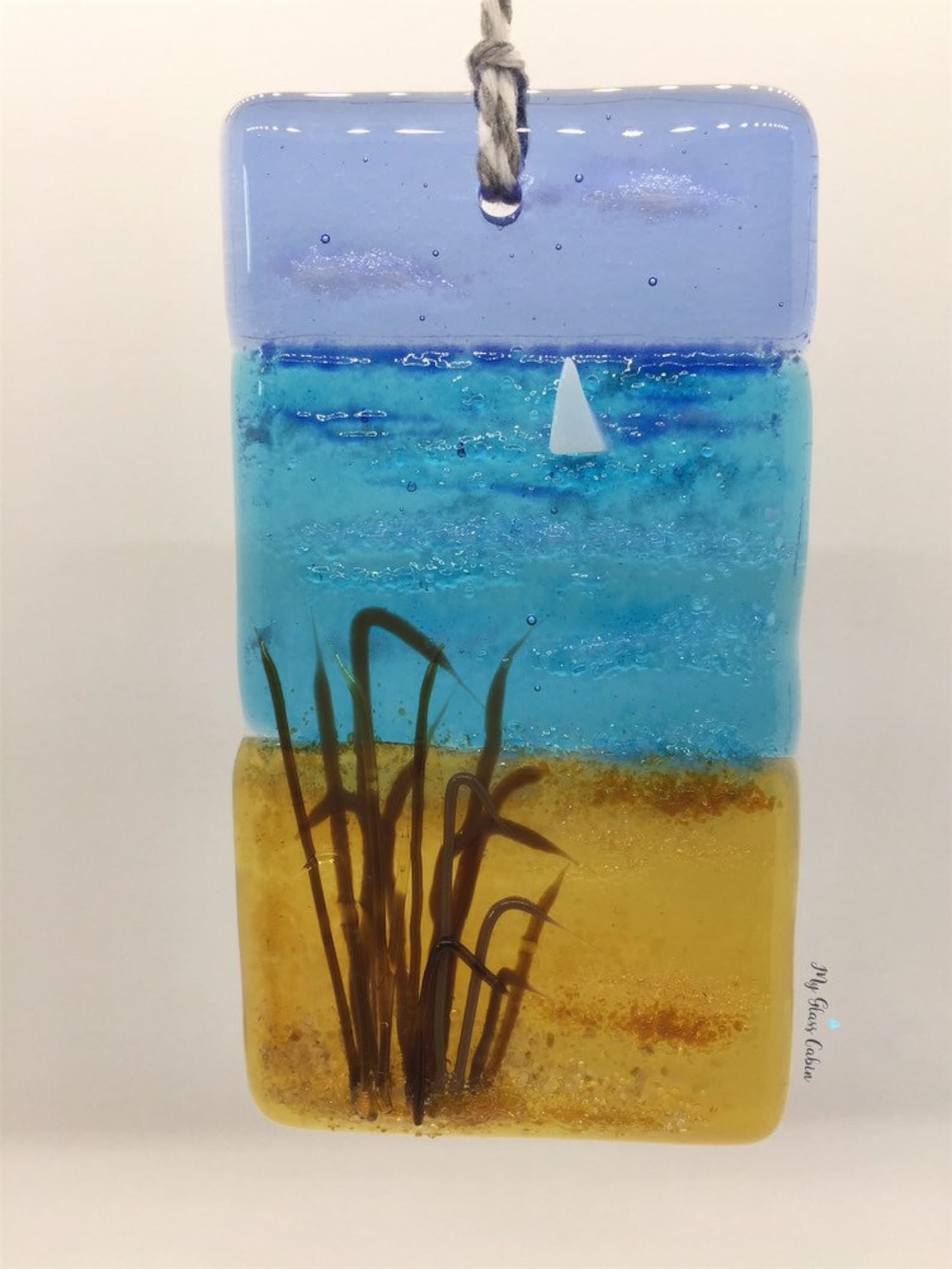This is a small Hand Made Fused Glass hanging beach Scene with Etsy