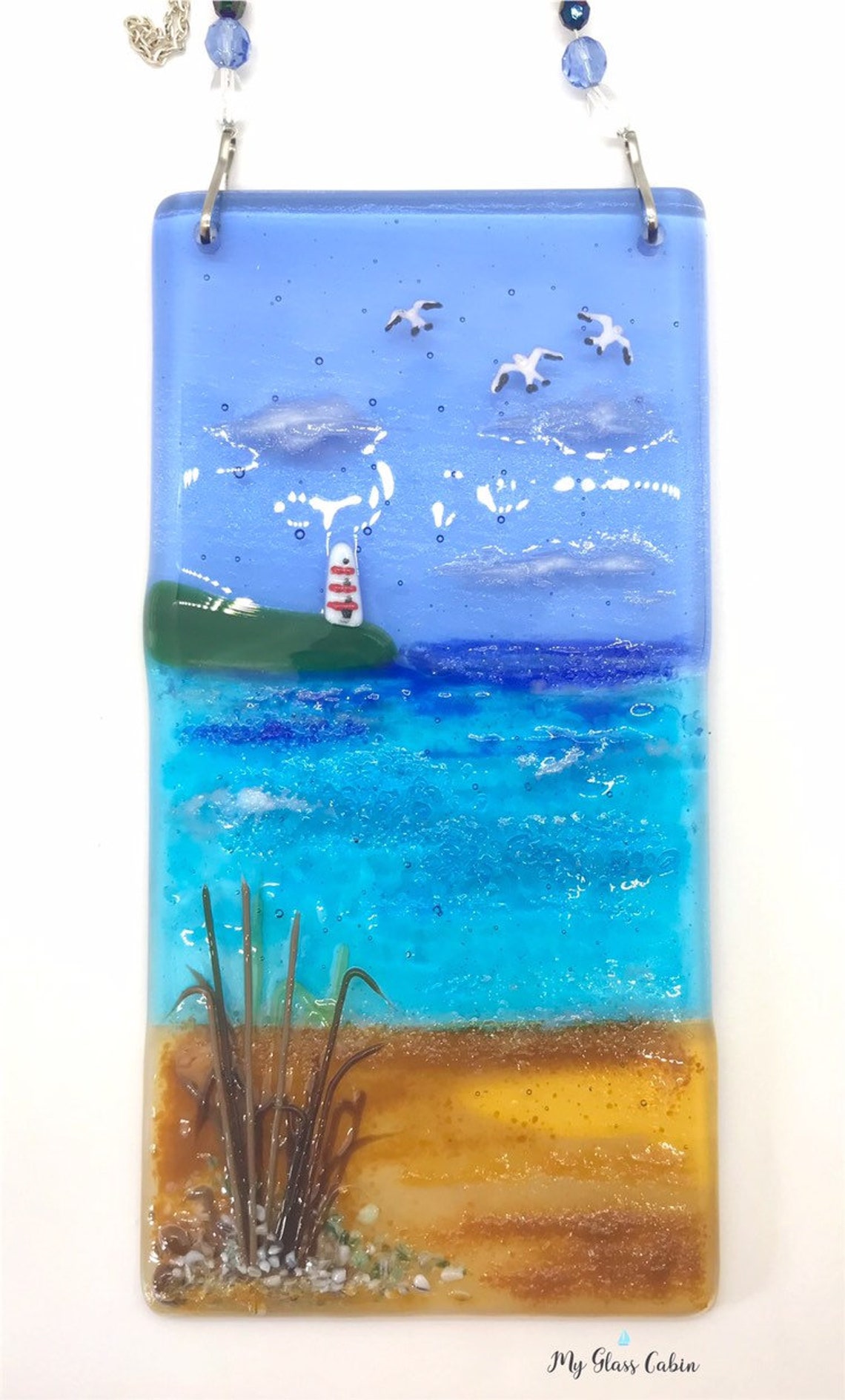 This is a Hand Made Fused Glass hanging Beach Scene with a Red Etsy