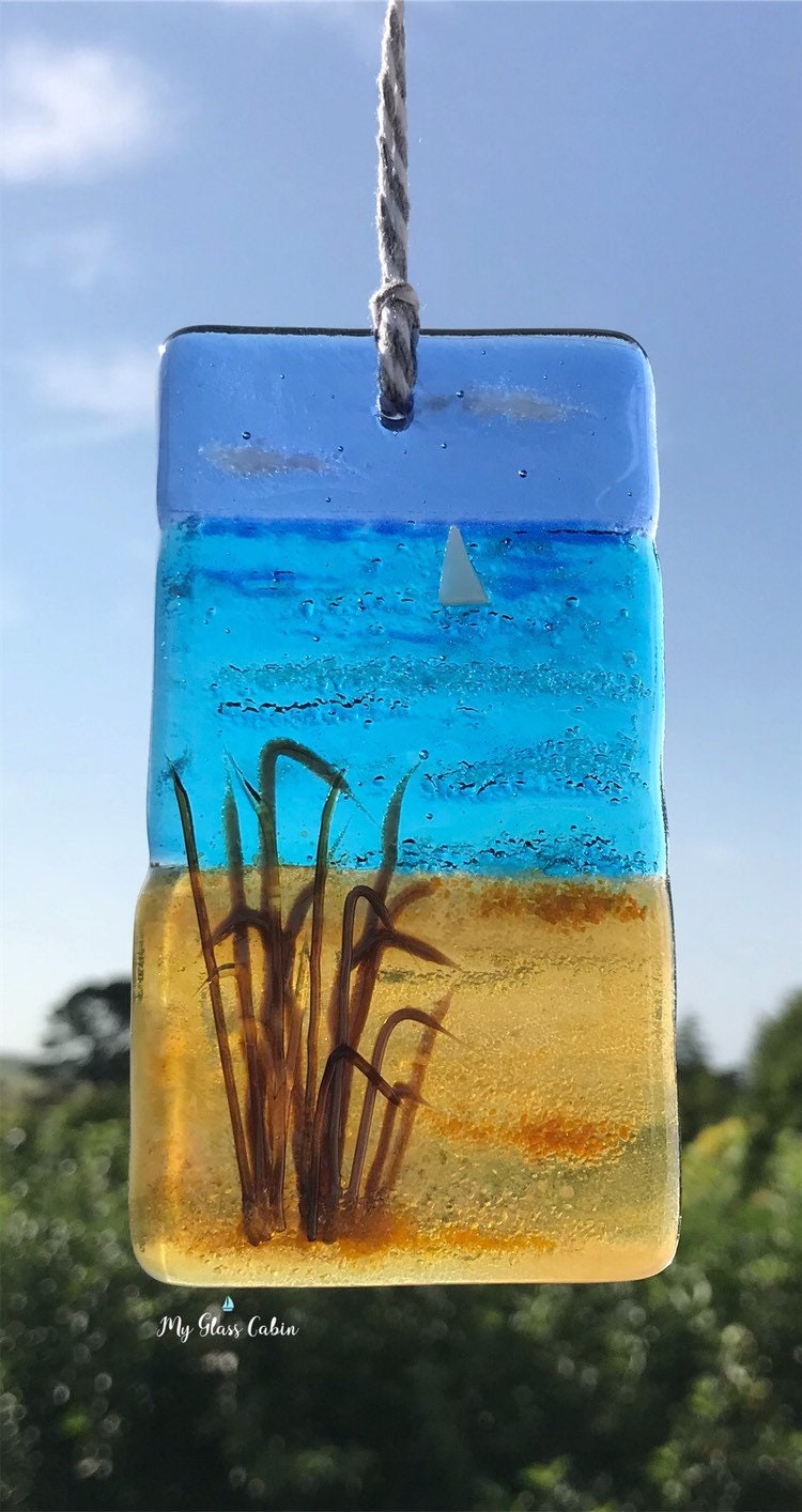 This is a small Hand Made Fused Glass hanging beach Scene with Etsy