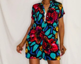 EXPRESS COMPAGNIE INTERNATIONALE 1990s Asbtract Floral Pop Art Short Sleeve Romper With Pockets Size L