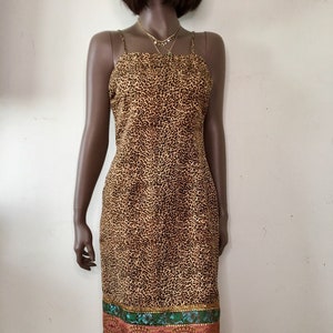 CACHE’ 1990s Animal Safari Leopard Print Spaghetti Strap Pencil Dress Wiggle Dress Size 8