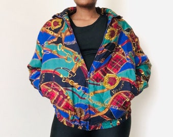 AVON STYLE 1990s 100% Silk Scarf Print 90s Quilted Bomber Jacket Size M