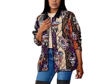 Chaqueta acolchada con botones de seda 100 % con estampado tribal hipster bohemio de los años 90 de BOB MACKIE, talla grande