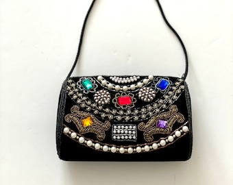 MAGID 1980s Bejeweled Faux Pearls Velvet  Totally Rad & Rare Pearl Pop Art Barrel Disco Crossbody Clutch Handbag  Size Small