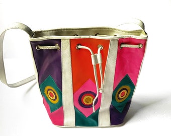 JACKSON 1980s Pop Art Deco Colorblock Mixed Media Gold Accents Leather Drawstring Bucket Bag Size Large