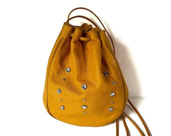 VINTAGE VAULT 1980s &quot;Soft Like Butter&quot; Yellow Leather Drawstring Bucket Bag With Bling Rhinestones Gemstones Size Medium