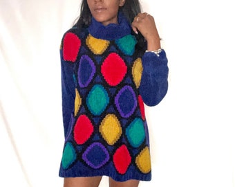 CHAUS 1990s Candy Drop Multi-Color teddy bear knit mock Turtle neck Tunic sweater Size Large