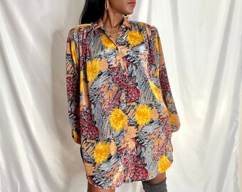 BERENDSEN'S Plus Size Silky Shiny Blouson sleeve Reflective Floral Button down Blouse Size 3X Large