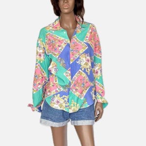 LIZ CLAIBORNE Liz Wear 1990s Baroque Patchwork Floral Blouse  Colorblock Print Hidden Button Down Size Small
