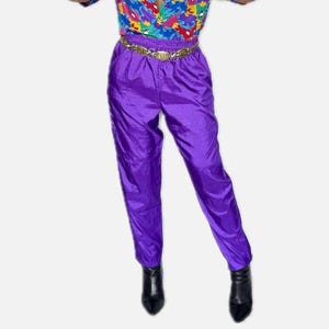 JOSEPHINE 1980s Early 90s High Waist Purple Silky Electric Purple Jogger Pants Elastic Waist Shiny Disco Trousers Size Large