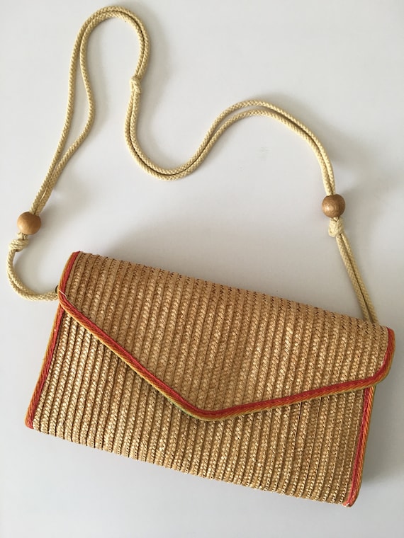VINTAGE VAULT 1970s woven raffia envelope RAINBOW