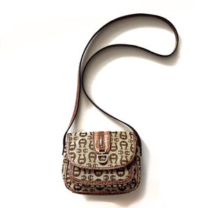ETIENNE AIGNER  Y2K 2000s  Monogram Mini Crossbody Bag Brown Faux Croc Trim Shoulder Purse  Logo Canvas Size Small