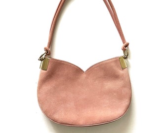 ESCADA 1990s Late 90s Era Y2K “Clueless” Pink Suede Signed Sweetheart Shoulder Bag Handbag Size Medium