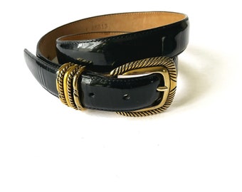 BRIGHTON ORIGINALS 1990s  BlackPatent  Leather Embossed Belt With Signature Brighton Aesthetic Buckle Size Large