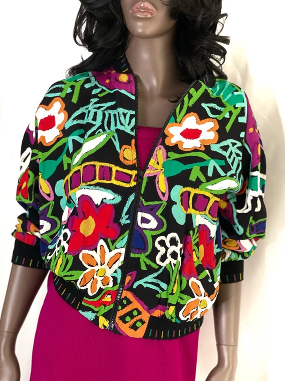 ALI MILES 1980s Abstract multi colored bomber jac… - image 3