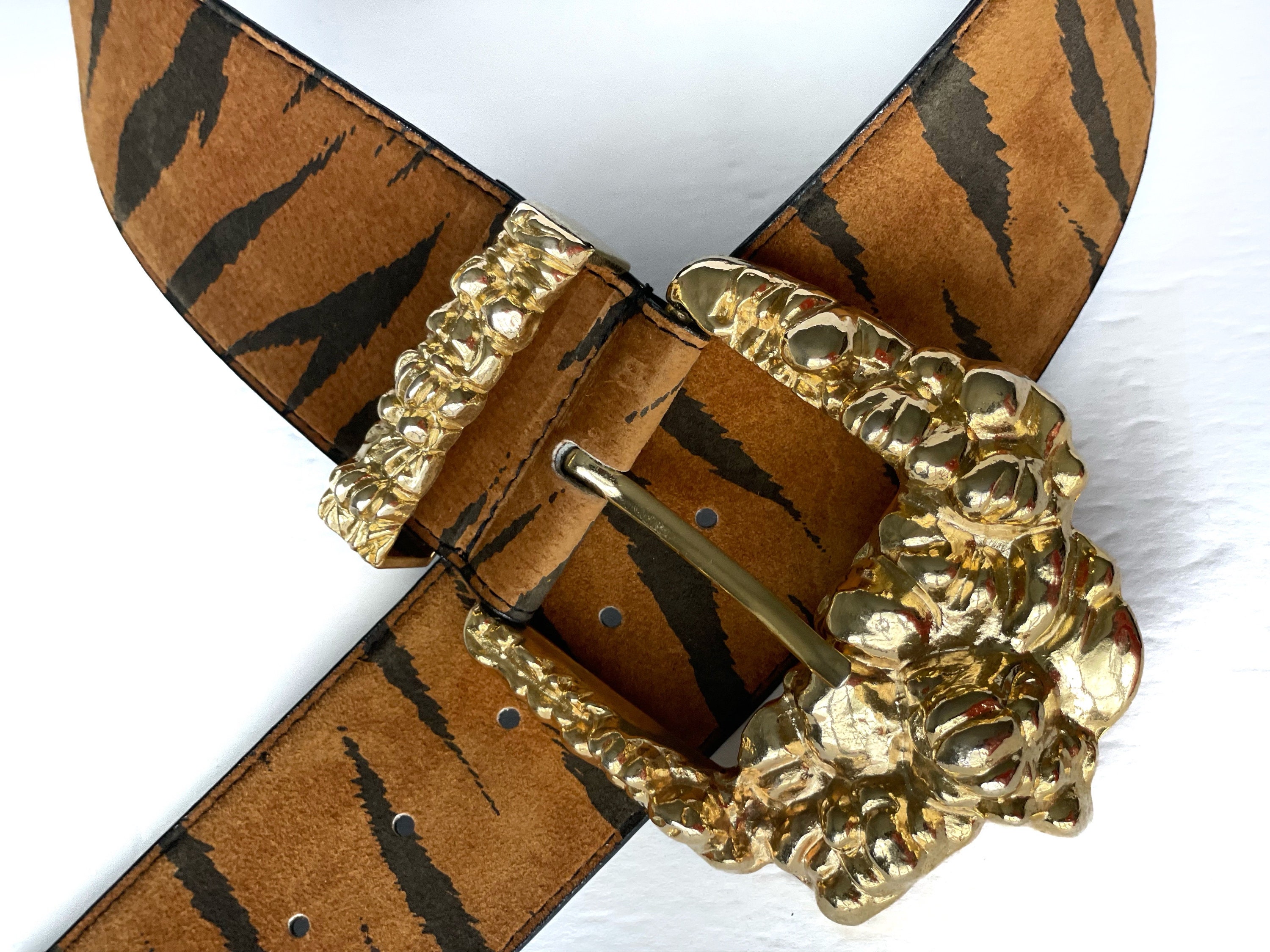 Julius Resnick 80s Suede Leopard Print Chundy Wide Belt Gold Tone Nugget ArtDeco Suede Animal Print Belts for Women for sale | eBay main image 3