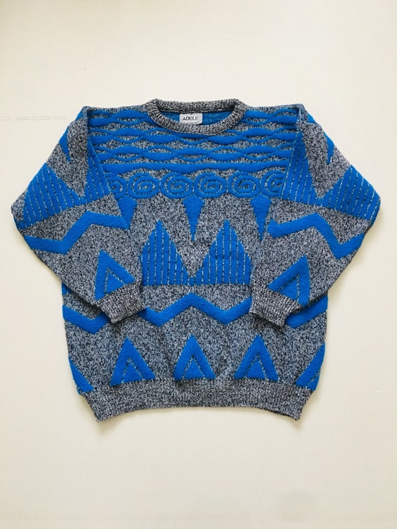ADELE KNITWEAR 1980s 3D Abstract Blue and Gray Textur… - Gem
