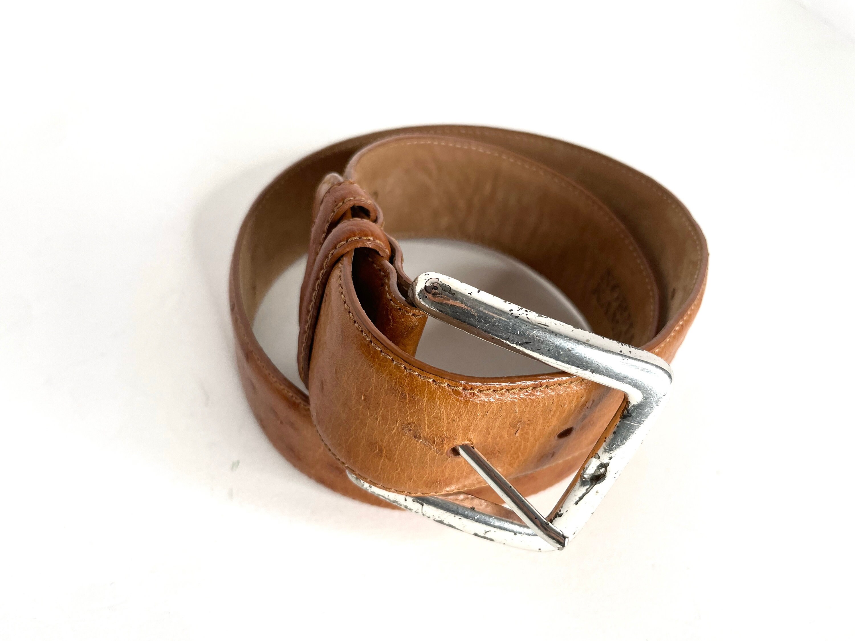 Vintage 80s Norma Kamali Signed Ostrich Belt Genuine Leather Brass Buckle Jeans NORMA KAMALI 1980s Brown Ostrich Pattern Italian Calfskin  main image 2